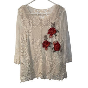 3 for $25-Bedford Fair Women Small Ivory Lined Lace Blouse Floral Embroidery